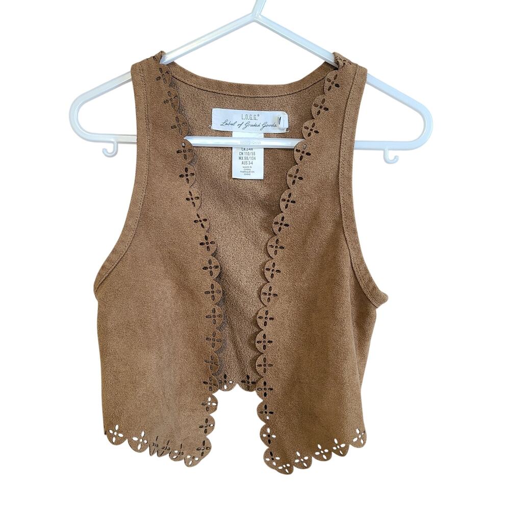 LOGG H&M Girls 2-4 Y Boho Western Brown Faux Suede Vest Scallop Trim Equestrian